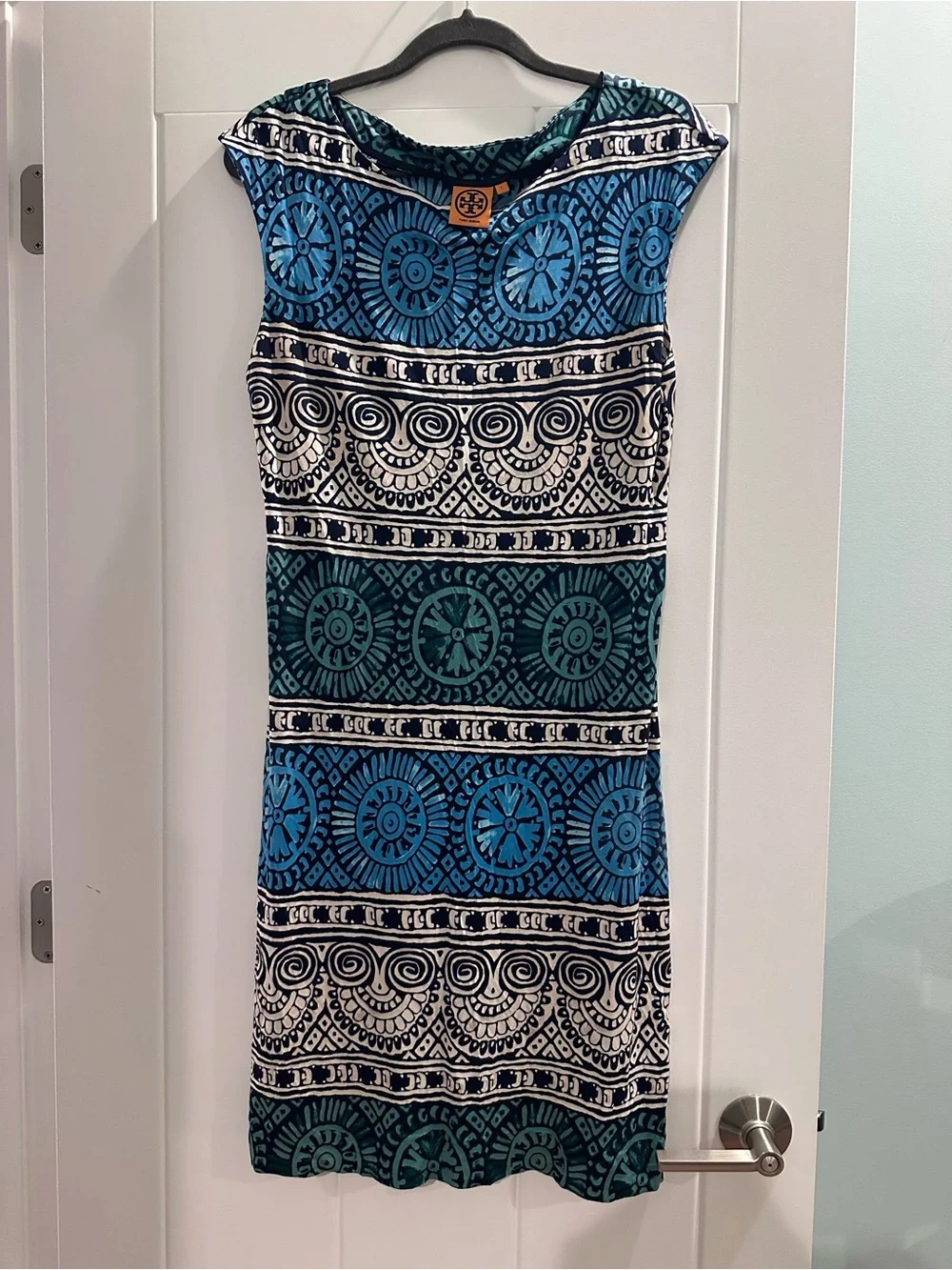 Tory Burch Blue & Teal Patterned Sleeveless Women’s Silk Dress